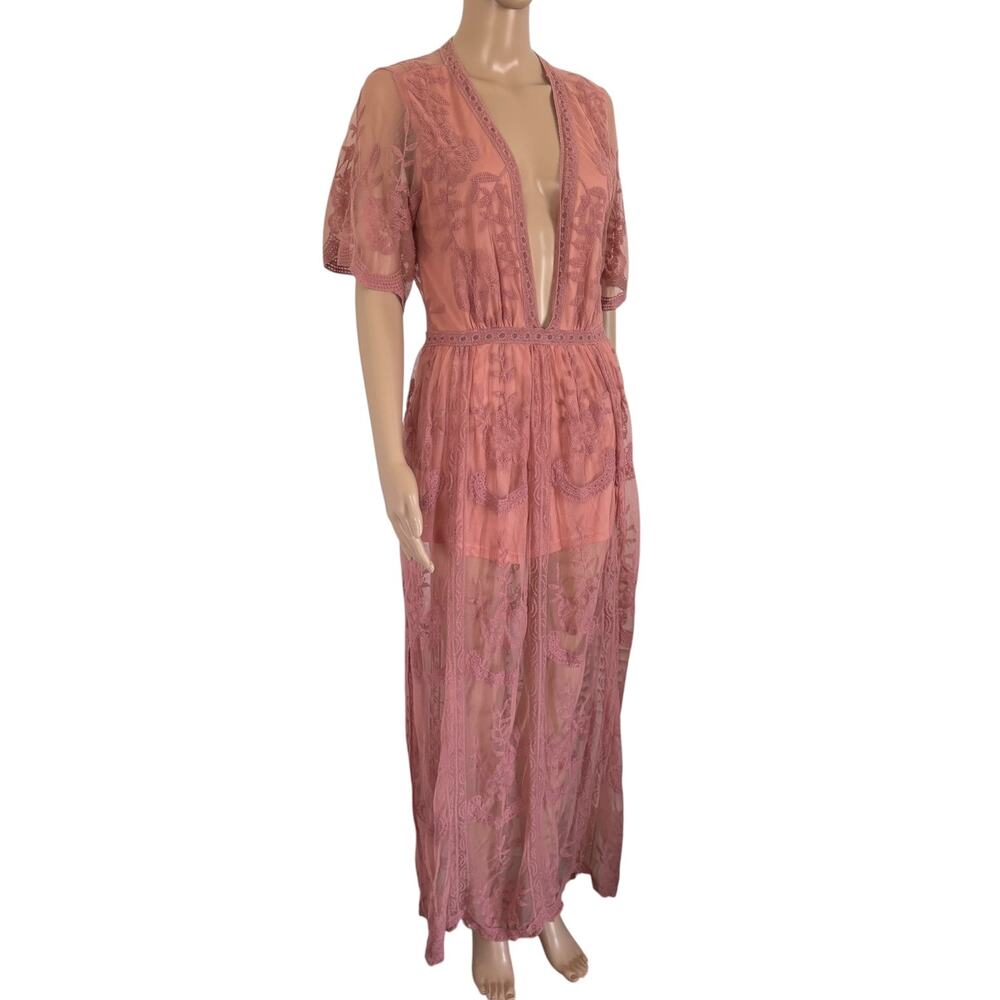 Honey Punch Burnt Coral Lace Maxi Romper Dress L Boho Festival Resort Cover Up - Picture 3 of 10